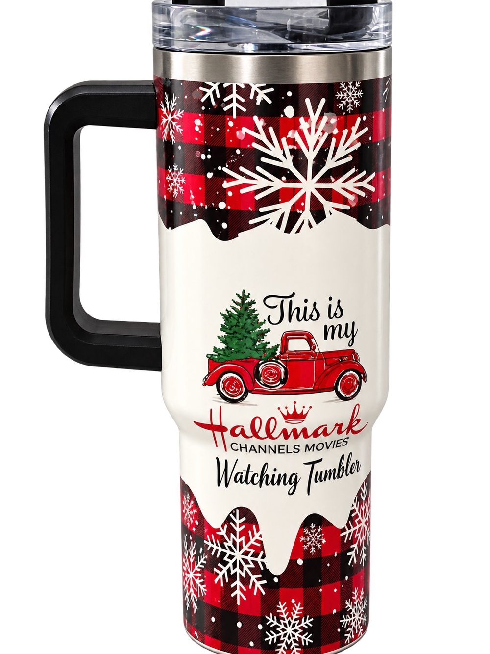Hallmark Red Black Plaid 'Watching Tumbler' Holiday Travel Mug with straw